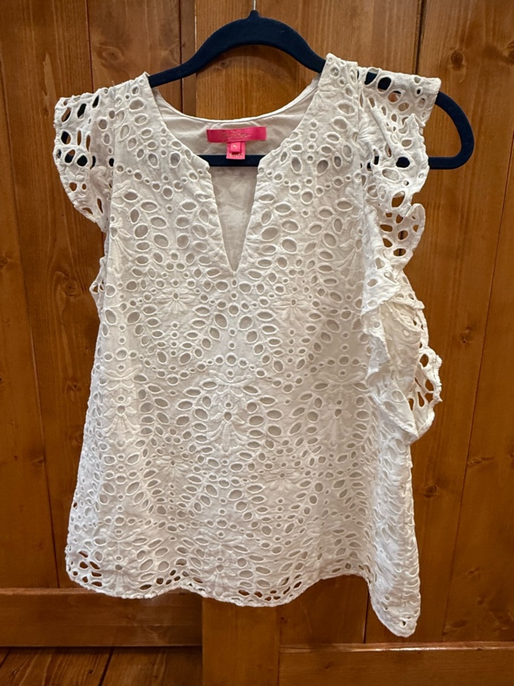 Lilly Pulitzer White Eyelet Ruffle-Sleeve V-Notch Top